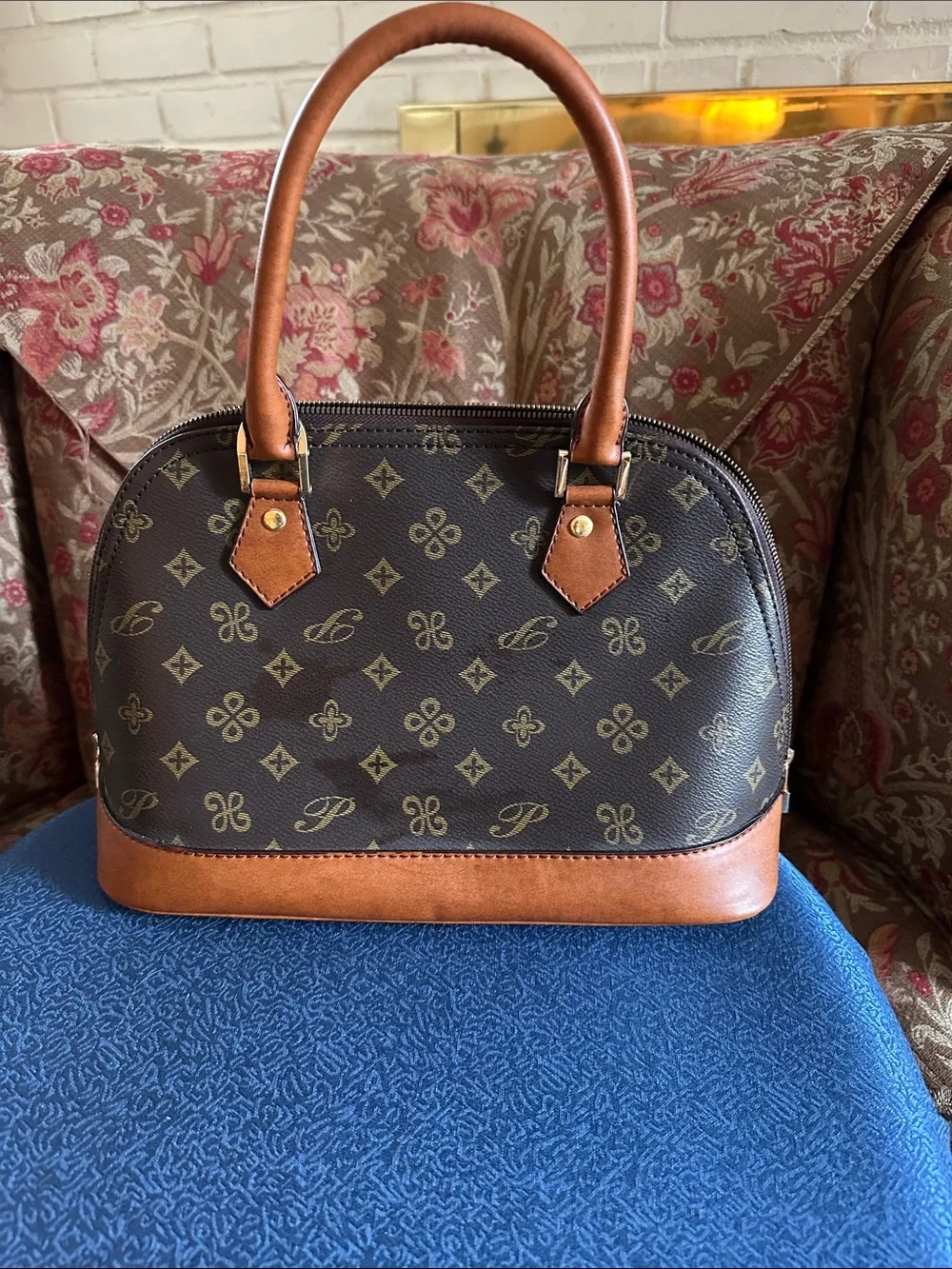 Brown Patterned Dome Satchel Handbag with Tan Trim